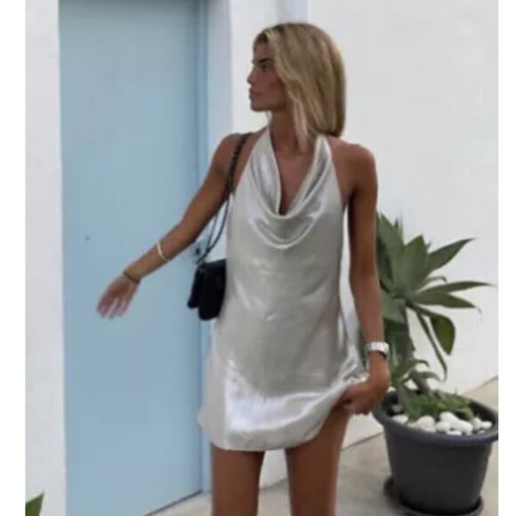 Zara Metallic Gold Silver Draped Halter Mini Dress NWT Size Small - Picture 4 of 10